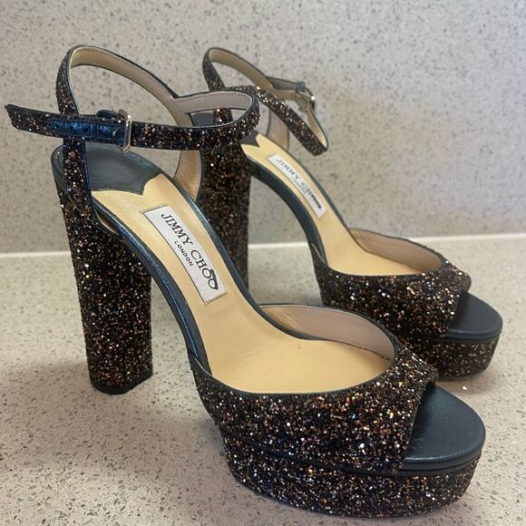 Jimmy Choo Peach Glitter Platform Heels 41.5 - Picture 3 of 7
